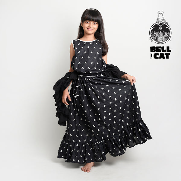 Story Print Lehenga Choli with frilled Dupatta for Girls with Bell the Cat Story Black