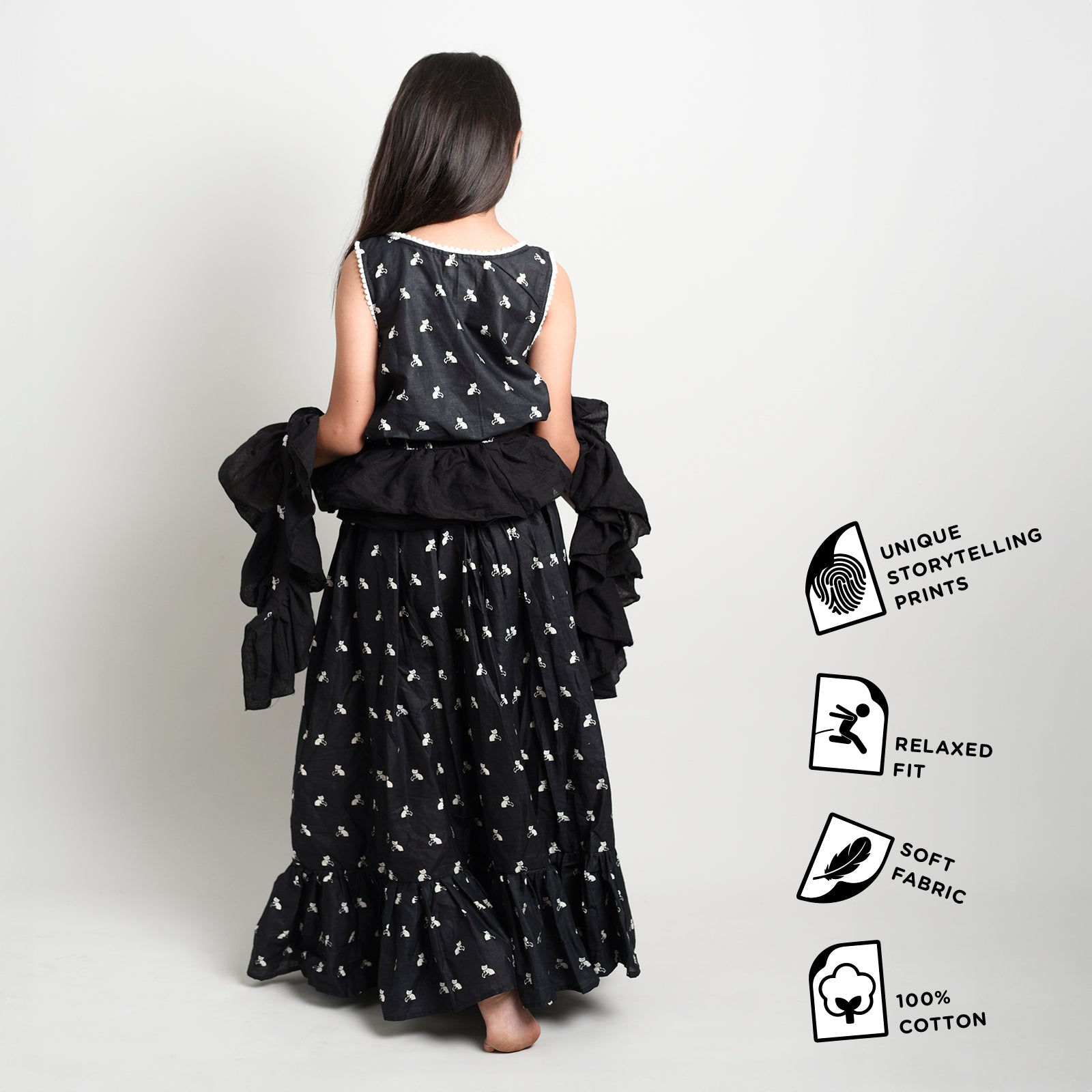 Story Print Lehenga Choli with frilled Dupatta for Girls with Bell the Cat Story Black