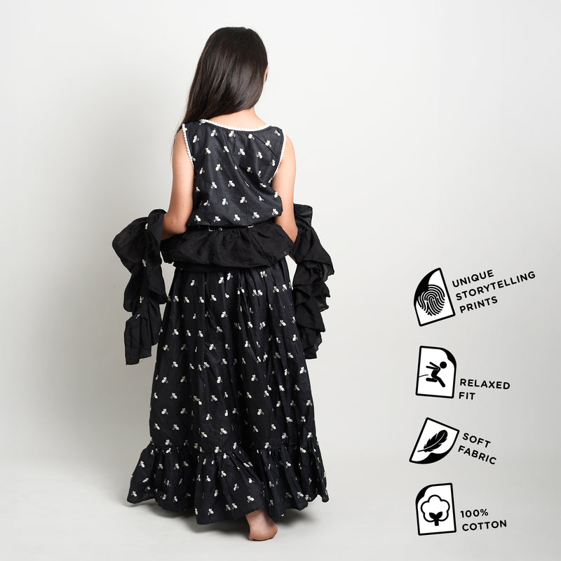 Story Print Lehenga Choli with frilled Dupatta for Girls with Bell the Cat Story Black