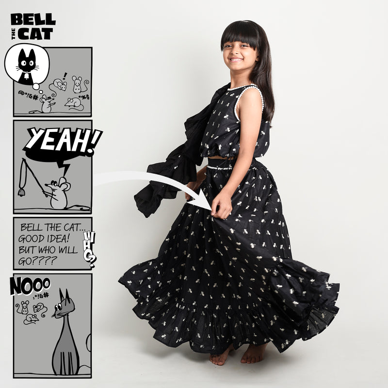 Story Print Lehenga Choli with frilled Dupatta for Girls with Bell the Cat Story Black