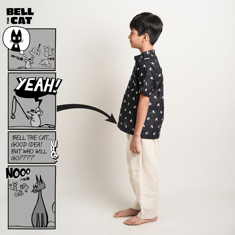 Cotton Printed Short Kurta For Boys With Bell The Cat Print Black