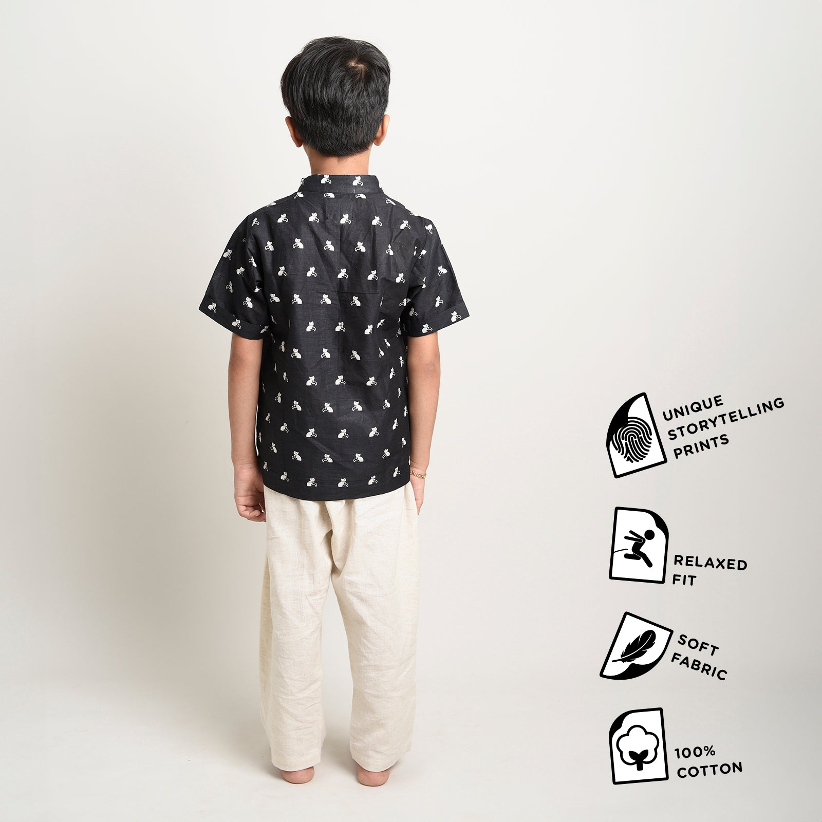 Cotton Printed Short Kurta For Boys With Bell The Cat Print Black