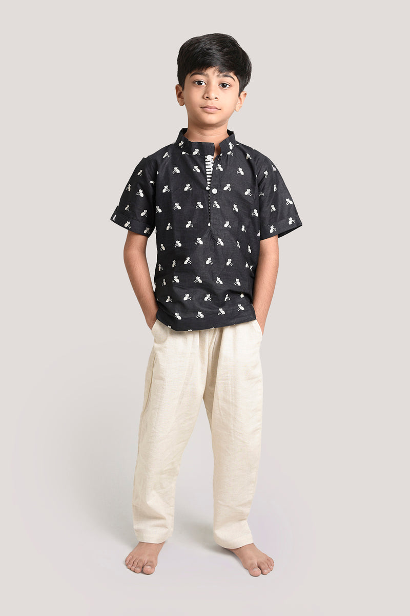 Bell The Cat - Short Kurta with Linen Pants, Black