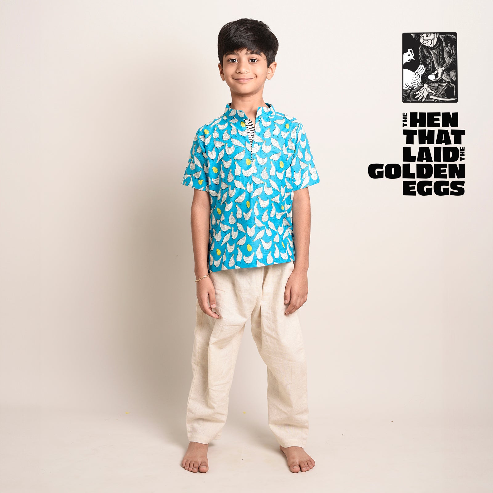 Cotton Printed Short Kurta For Boys With Hen That Laid The Golden Eggs Print