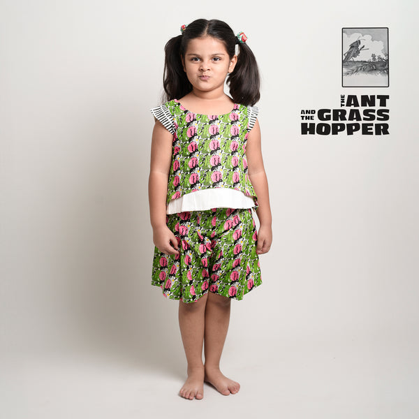 Girls' Story Print Top & Shorts Set with Ant & Grasshopper Print