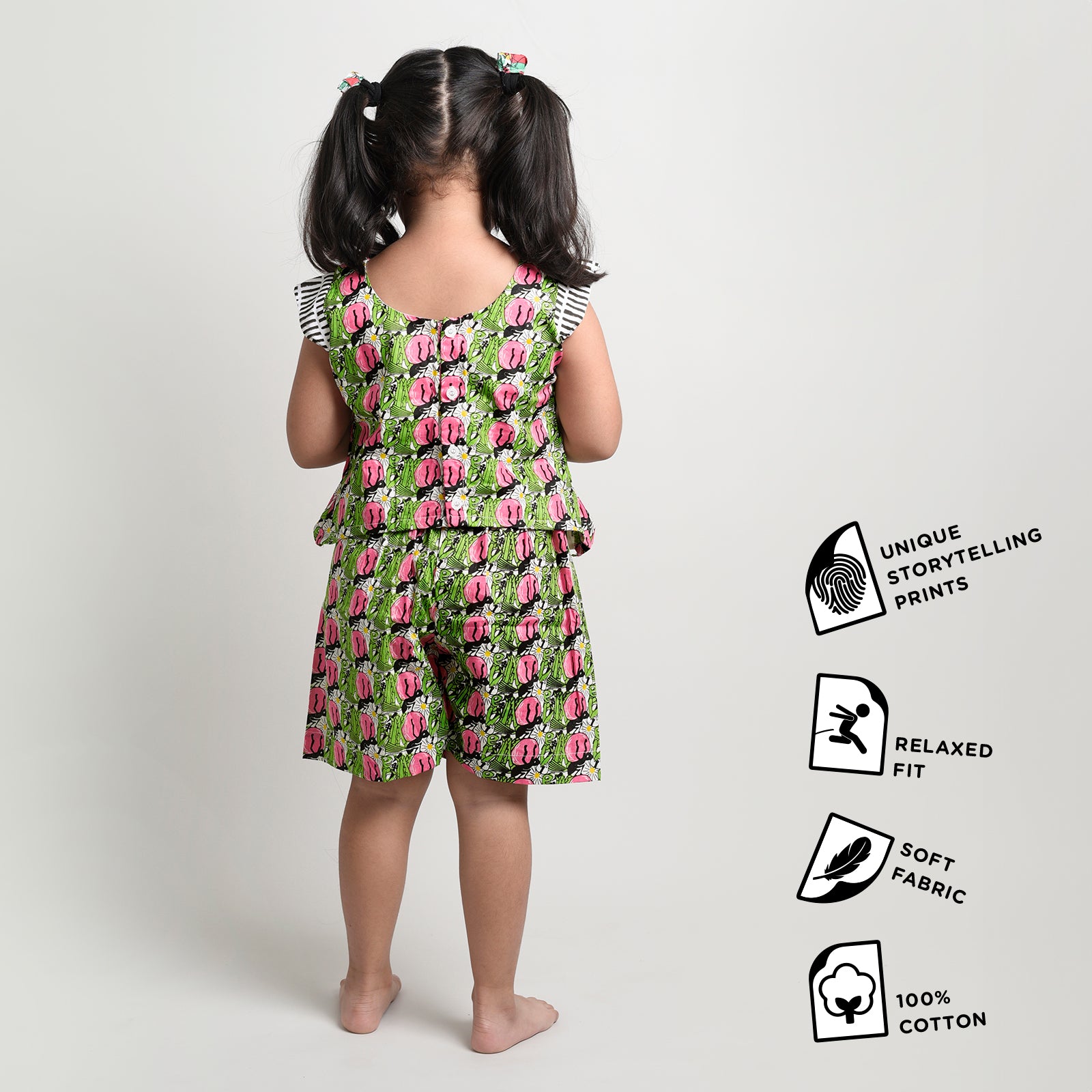 Girls' Story Print Top & Shorts Set with Ant & Grasshopper Print