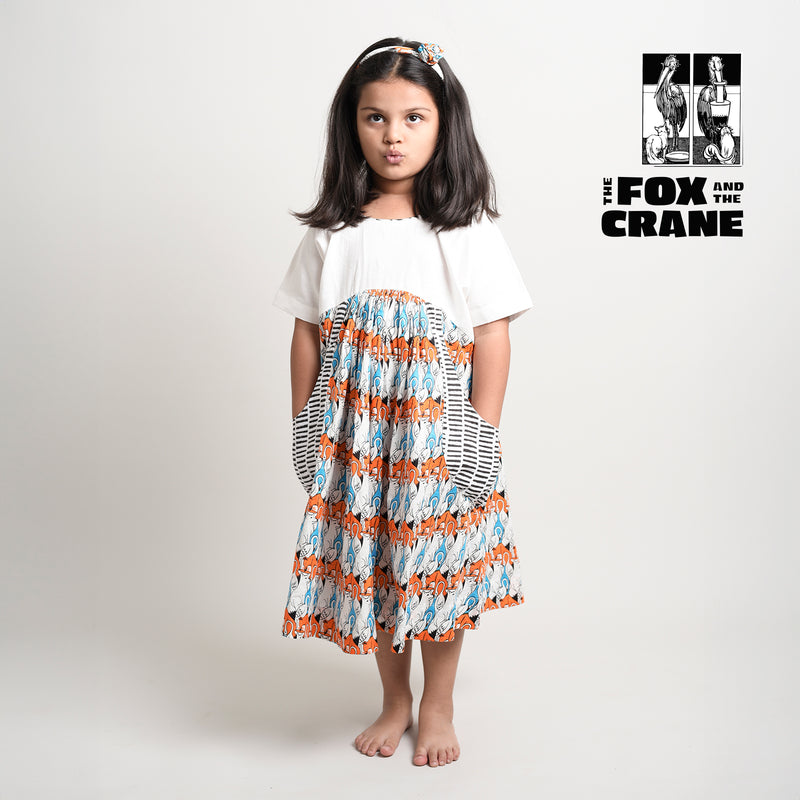 White Yoke Frock with Printed Charm & Pockets with Fox & Crane Story