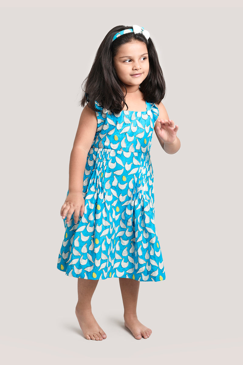 The Hen That Laid Golden Egg - Printed Crisscross Frock, Blue