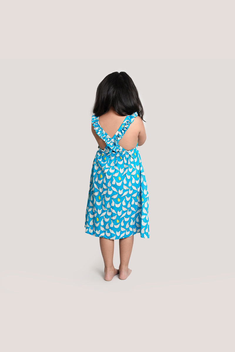 The Hen That Laid Golden Egg - Printed Crisscross Frock, Blue