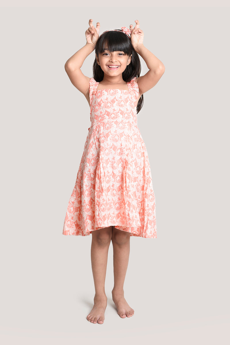 The Foolish Lion & Clever Rabbit - Printed Crisscross Frock, Peach Pink