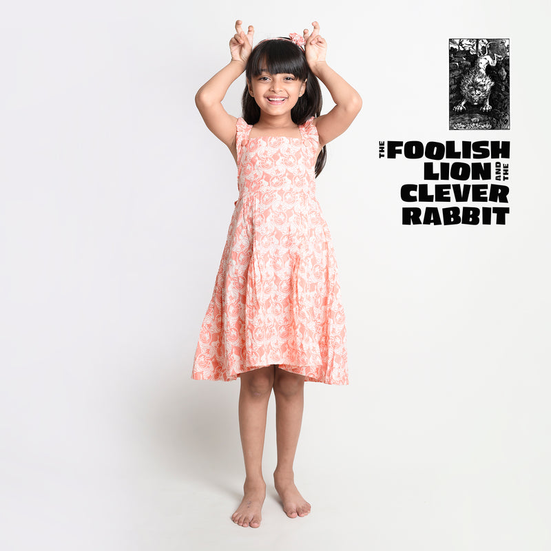 Cotton Printed Crisscross Back Frock For Girls with The Foolish Lion & The Clever Rabbit Print