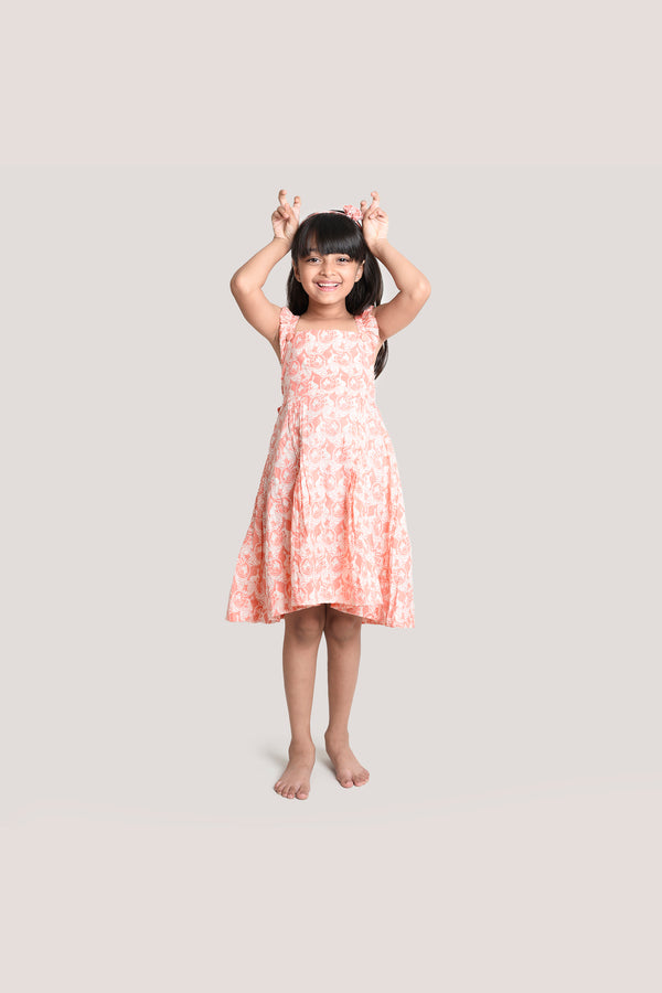 The Foolish Lion & Clever Rabbit - Printed Crisscross Frock, Peach Pink