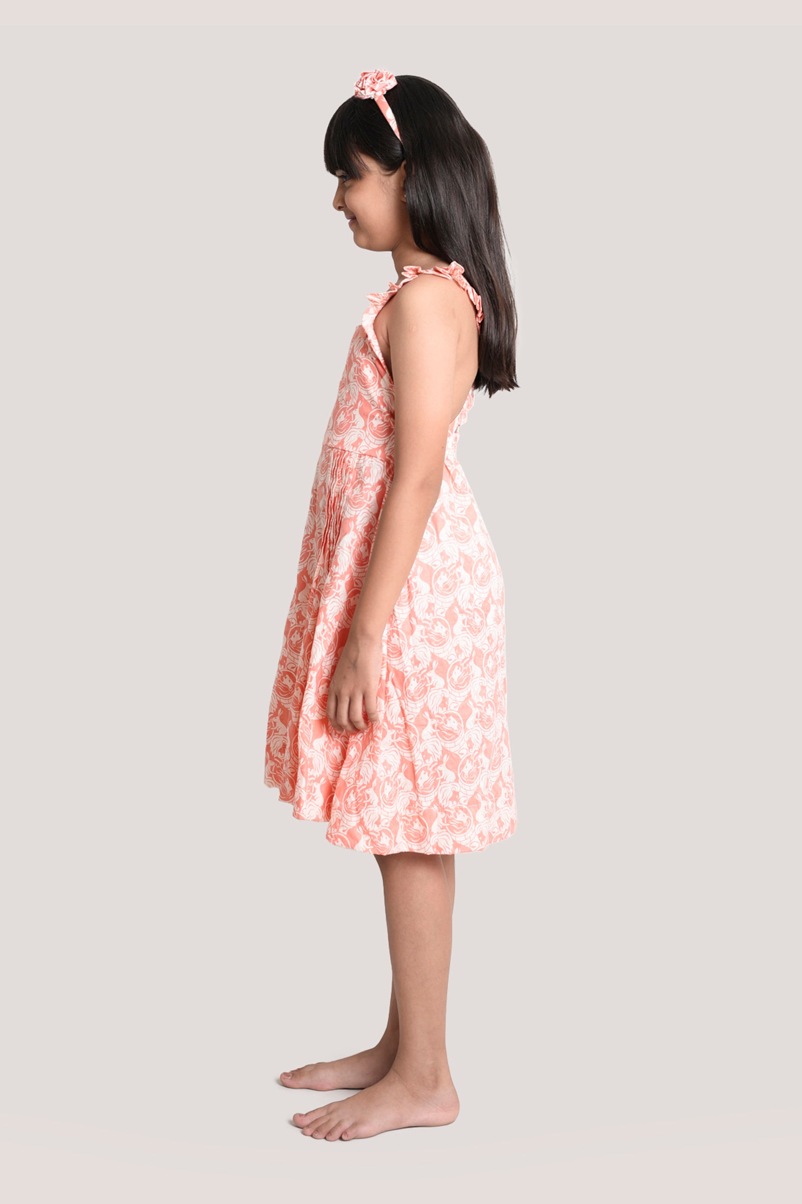 The Foolish Lion & Clever Rabbit - Printed Crisscross Frock, Peach Pink