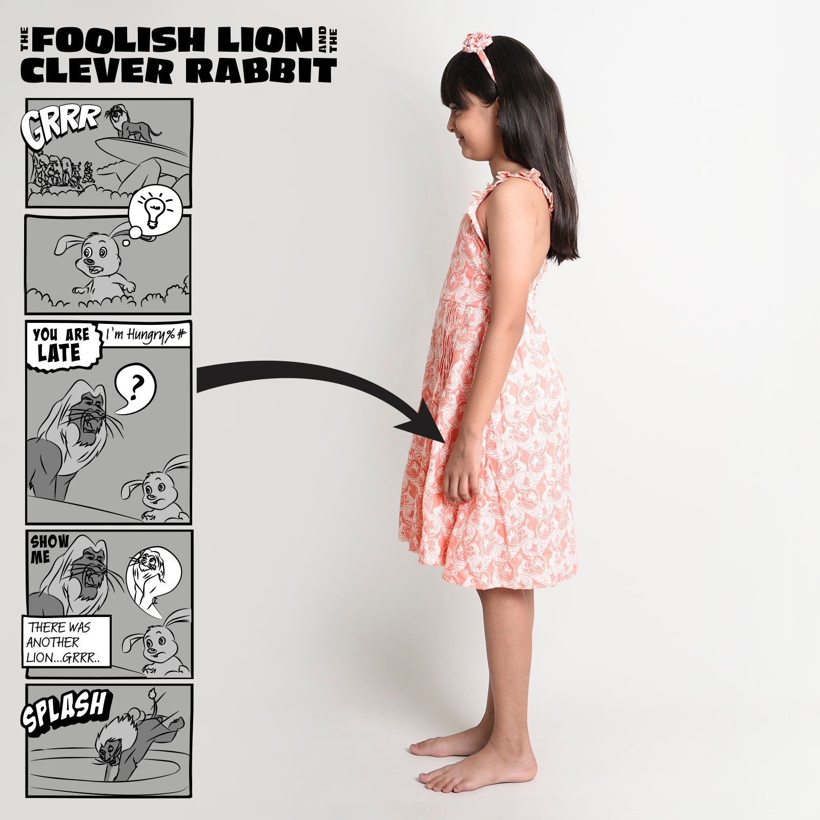 Cotton Printed Crisscross Back Frock For Girls with The Foolish Lion & The Clever Rabbit Print