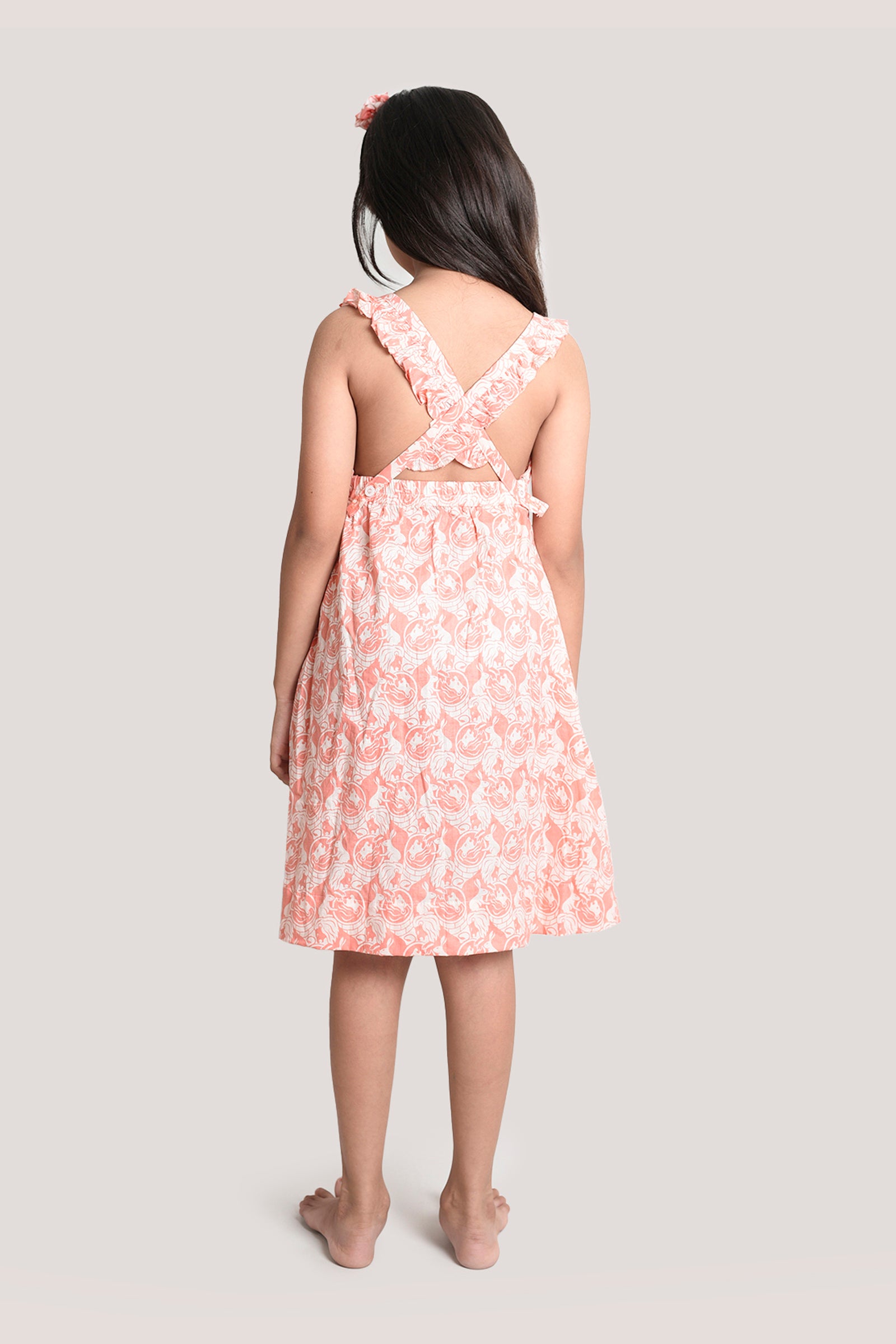 The Foolish Lion & Clever Rabbit - Printed Crisscross Frock, Peach Pink