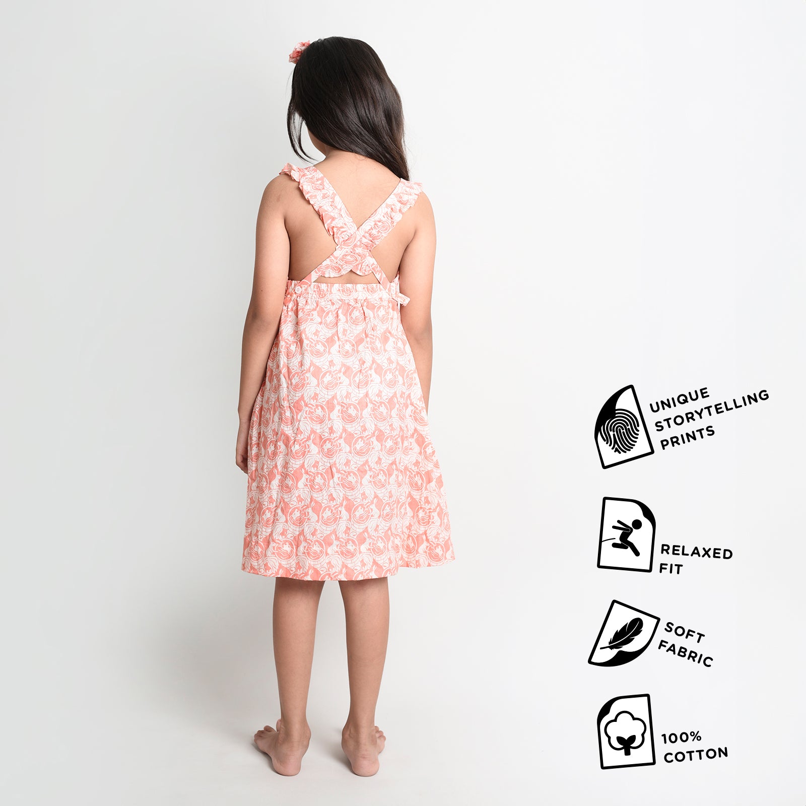 Cotton Printed Crisscross Back Frock For Girls with The Foolish Lion & The Clever Rabbit Print