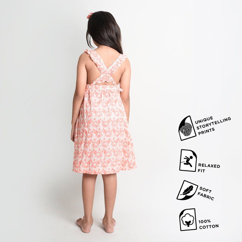 Cotton Printed Crisscross Back Frock For Girls with The Foolish Lion & The Clever Rabbit Print