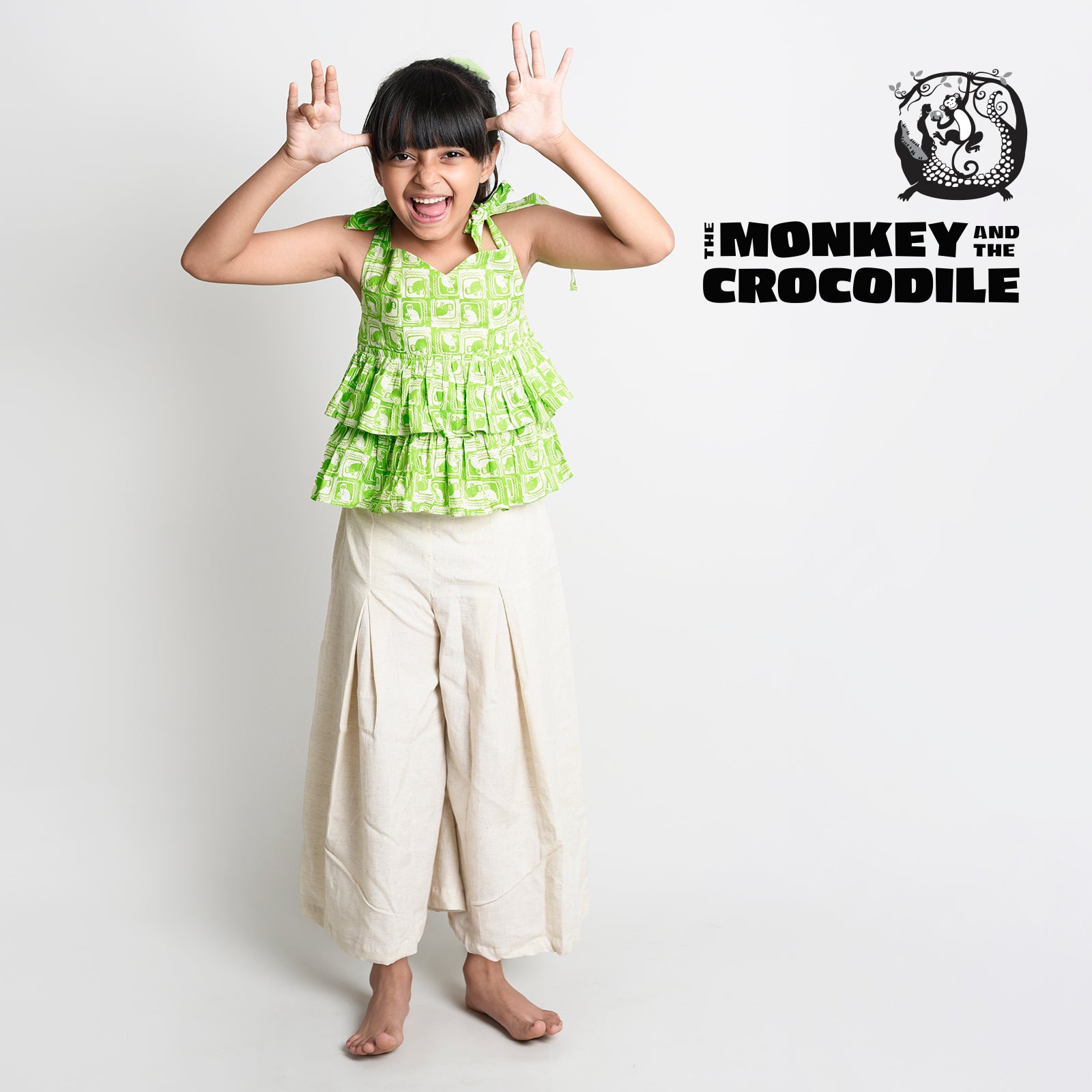 Story Print Tie-Up Crop Top with Linen Palazzo Set- Monkey & Crocodile