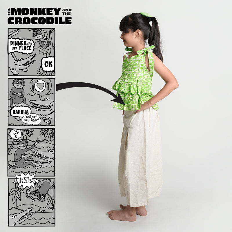 Story Print Tie-Up Crop Top with Linen Palazzo Set- Monkey & Crocodile