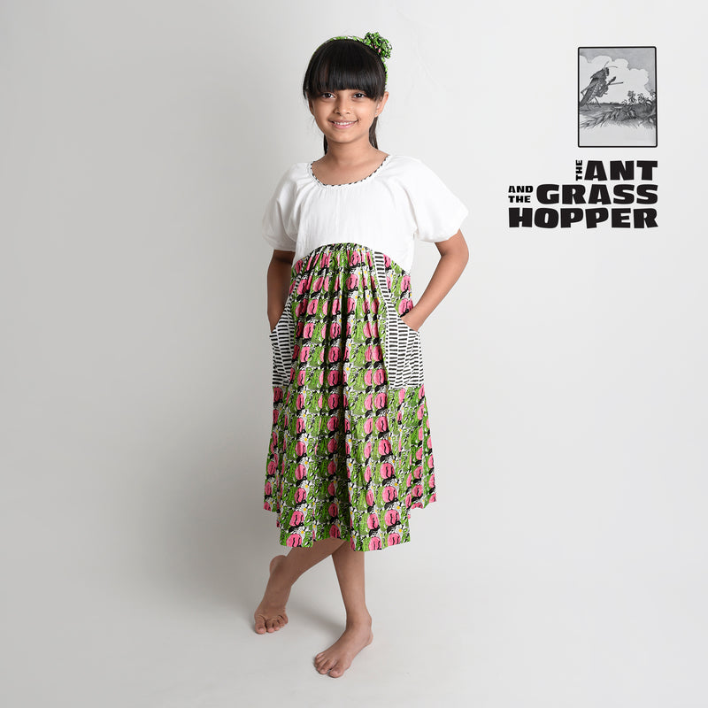 White Yoke Frock with Printed Charm & Pockets with Ant & Grasshopper Story