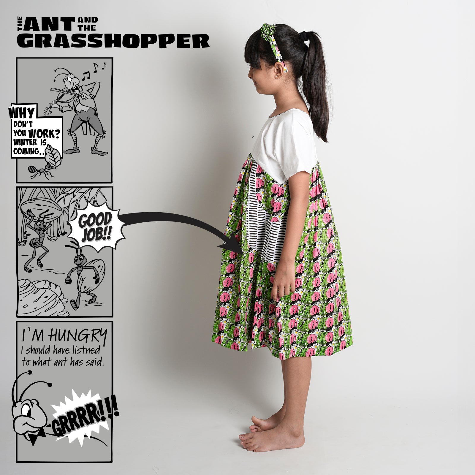 White Yoke Frock with Printed Charm & Pockets with Ant & Grasshopper Story