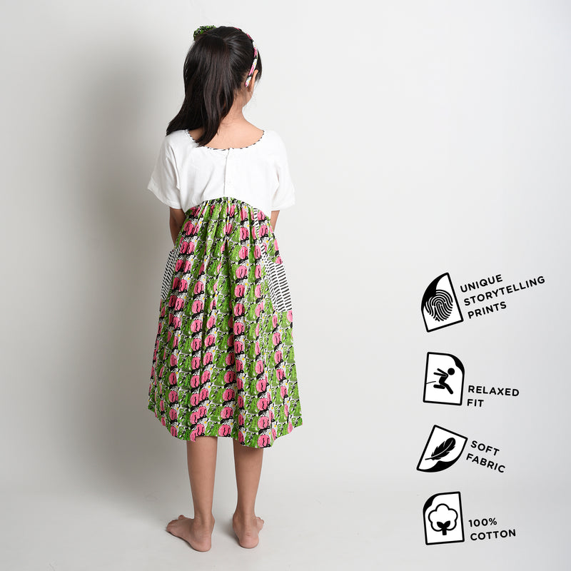 White Yoke Frock with Printed Charm & Pockets with Ant & Grasshopper Story