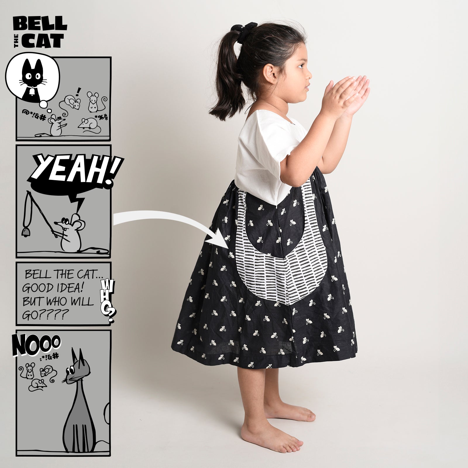 White Yoke Frock with Printed Charm & Pockets with Black Cat Story