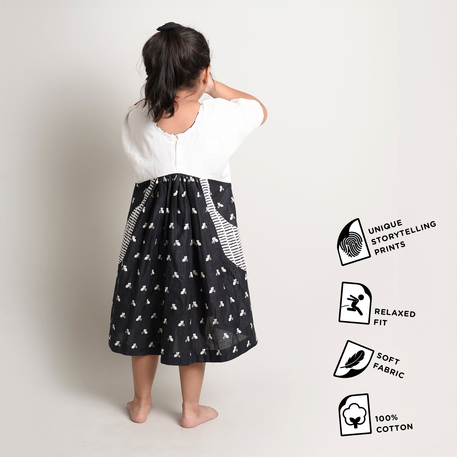 White Yoke Frock with Printed Charm & Pockets with Black Cat Story