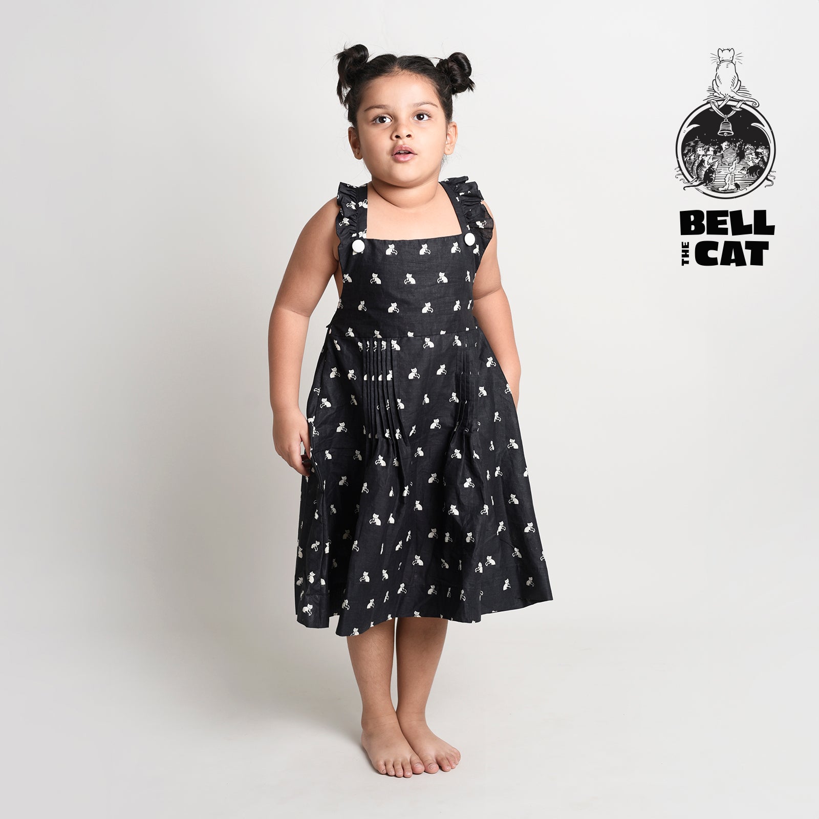 Cotton Printed Crisscross Back Frock For Girls with Bell The Cat Print Black