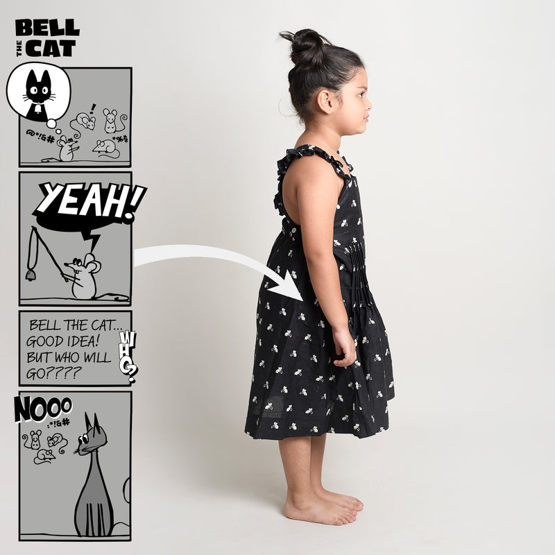 Cotton Printed Crisscross Back Frock For Girls with Bell The Cat Print Black