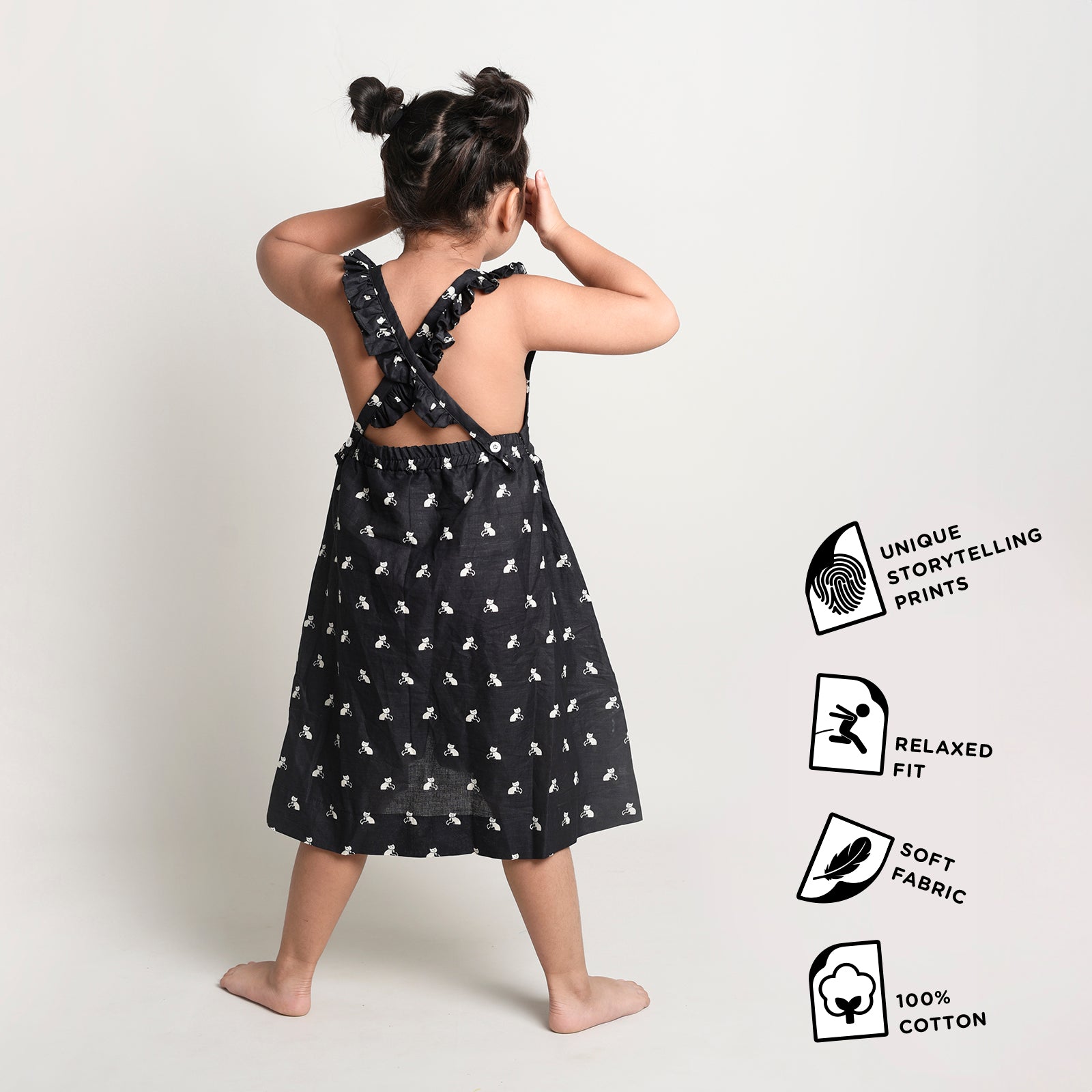 Cotton Printed Crisscross Back Frock For Girls with Bell The Cat Print Black