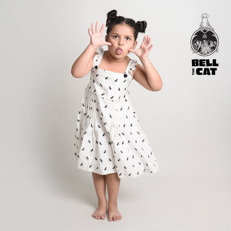 Cotton Printed Crisscross Back Frock For Girls with Bell The Cat Print White