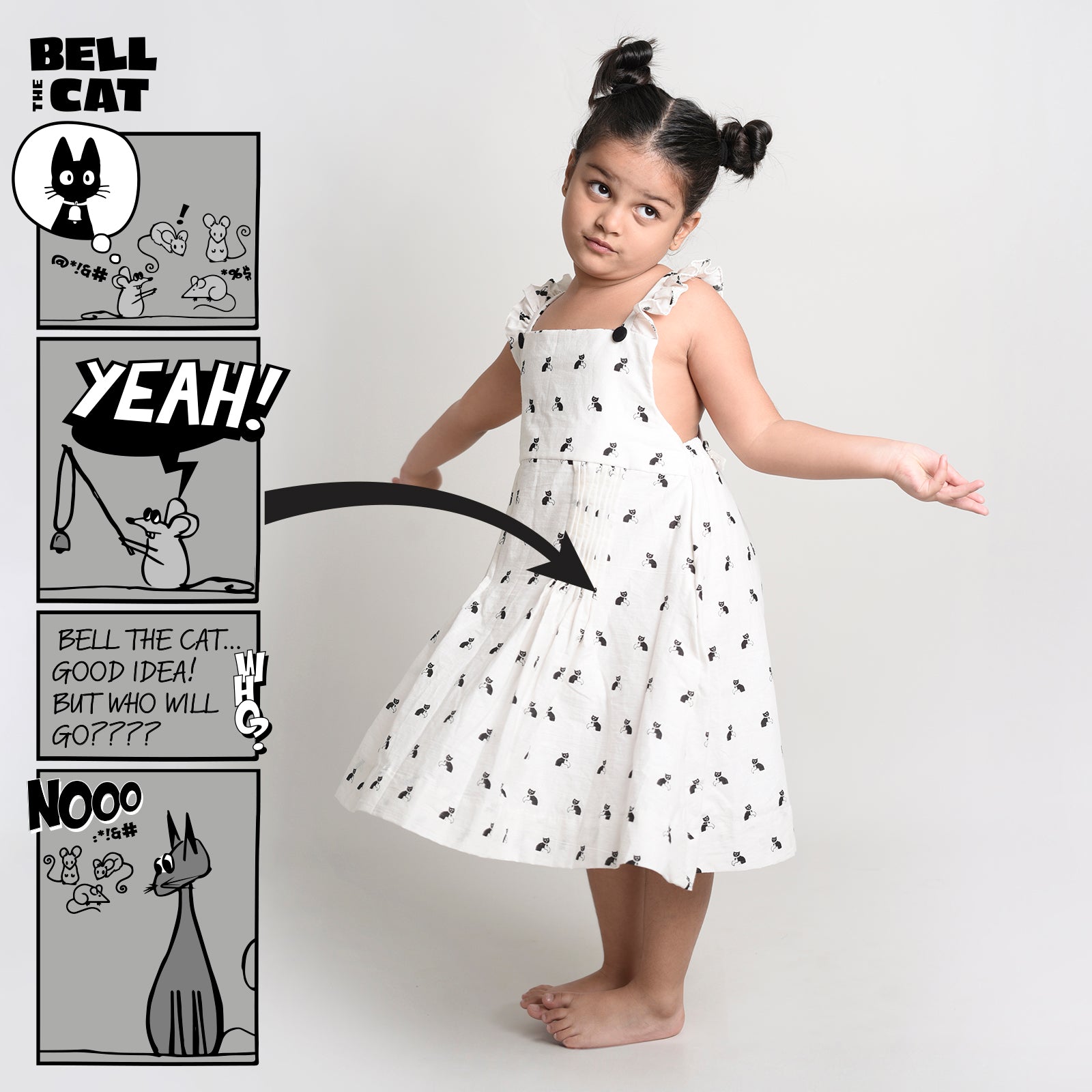 Cotton Printed Crisscross Back Frock For Girls with Bell The Cat Print White