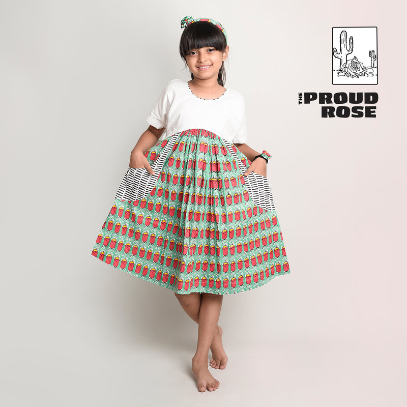 White Yoke Frock with Printed Charm & Pockets with Proud Rose Story