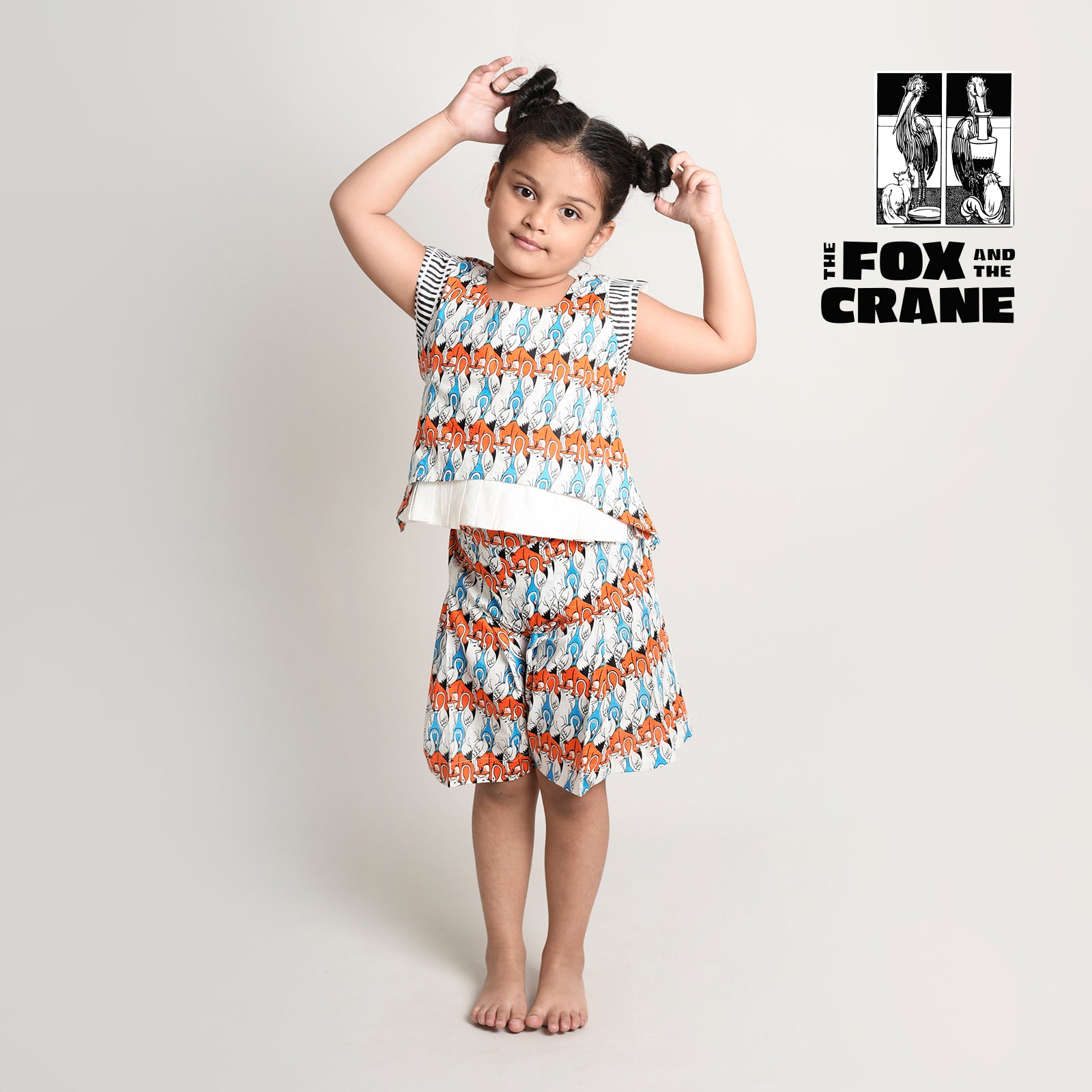 Girls' Story Print Top & Shorts Set with Fox & Crane Story