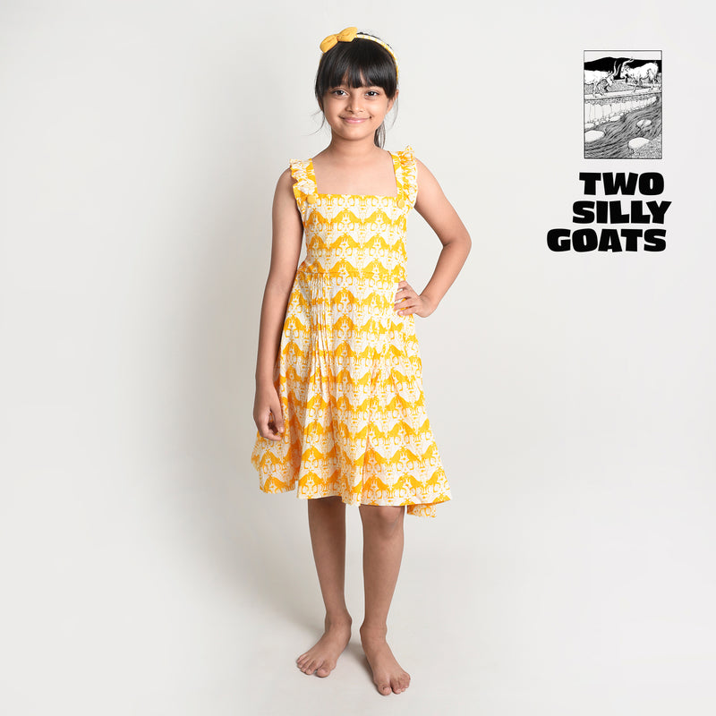 Cotton Printed Crisscross Back Frock For Girls with Two Silly Goats Print