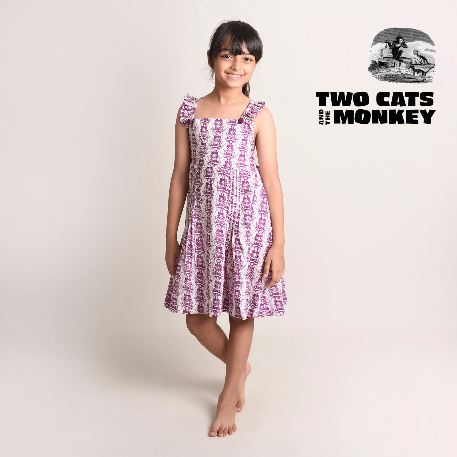 Cotton Printed Crisscross Back Frock For Girls with Two Foolish Cats & The Clever Monkey Print