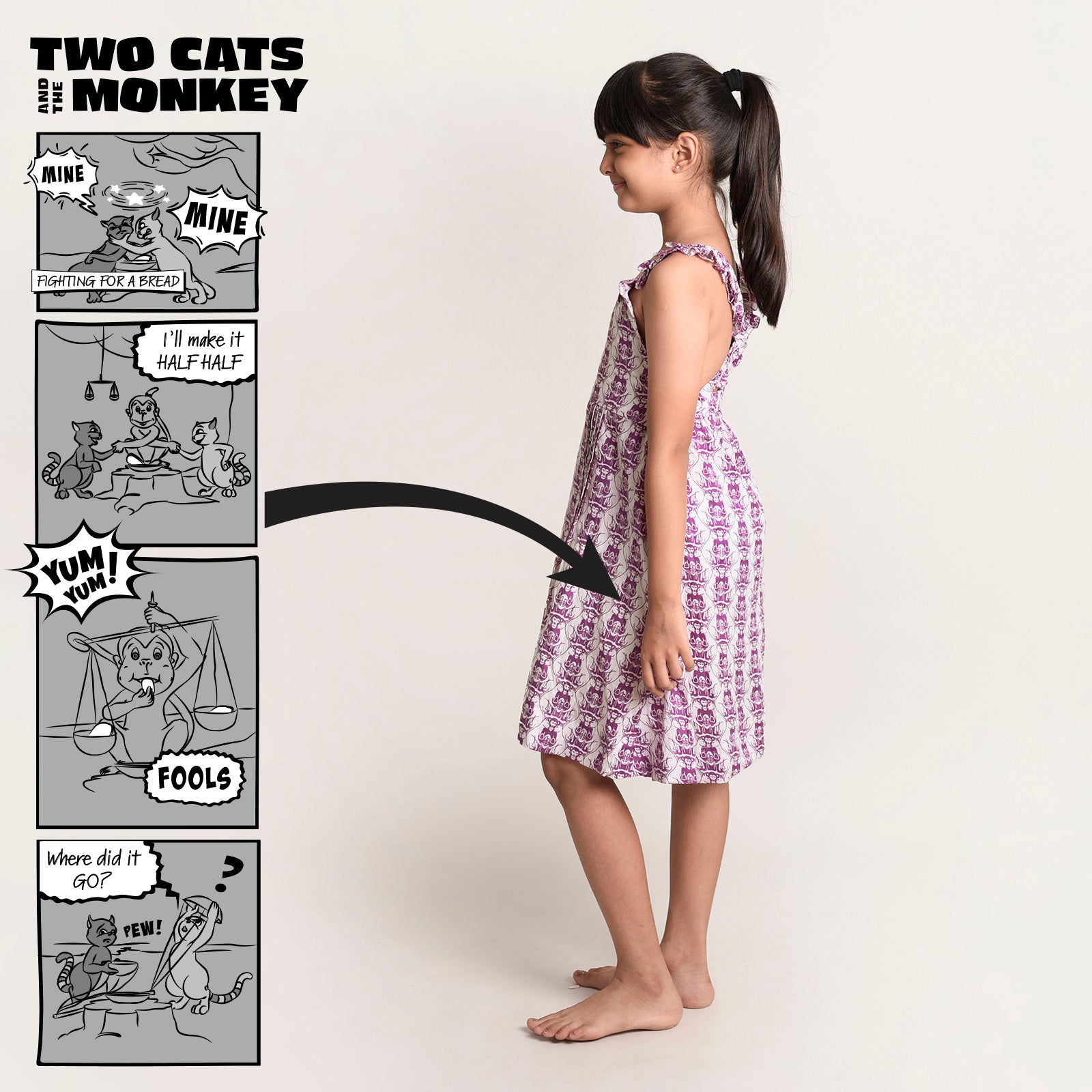 Cotton Printed Crisscross Back Frock For Girls with Two Foolish Cats & The Clever Monkey Print