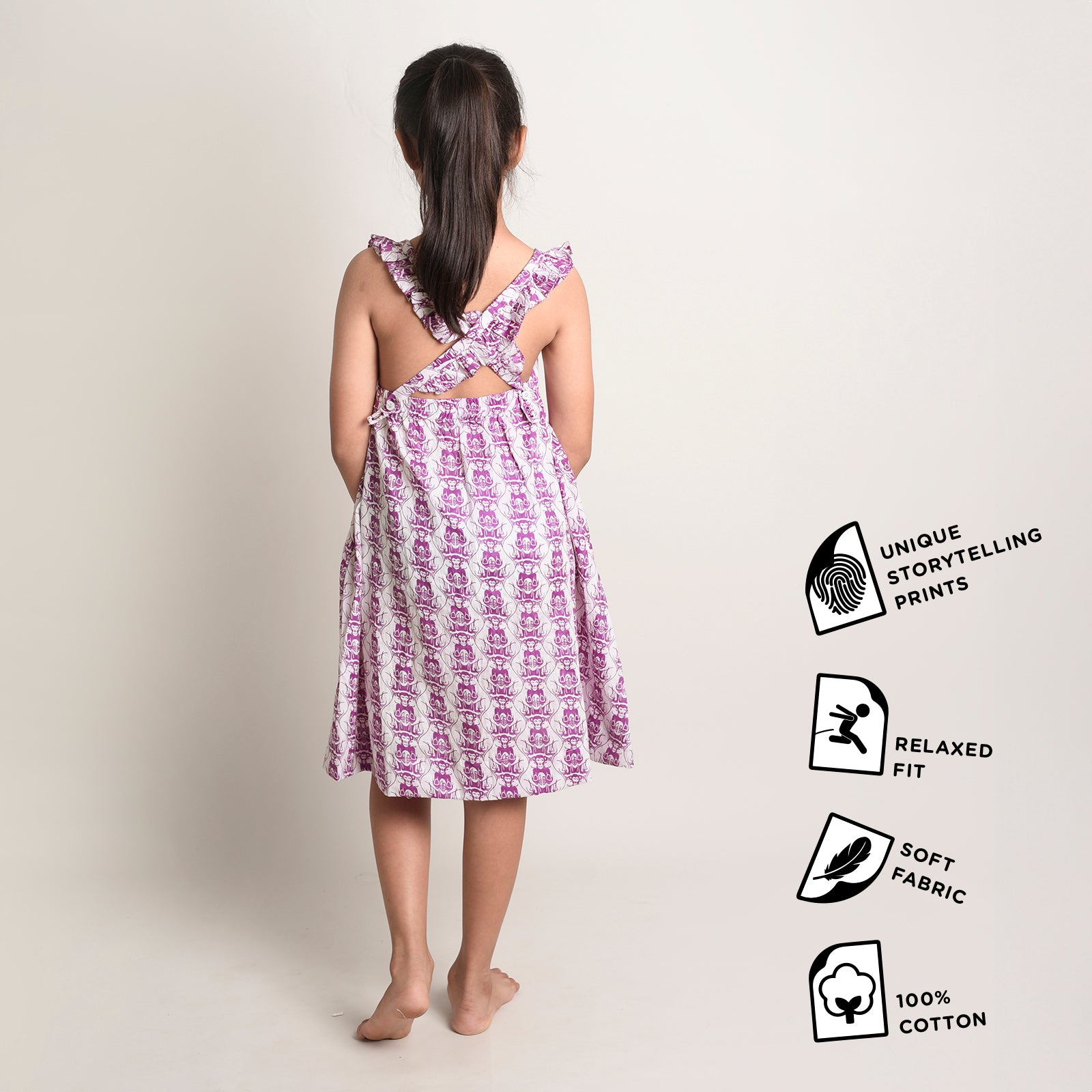 Cotton Printed Crisscross Back Frock For Girls with Two Foolish Cats & The Clever Monkey Print