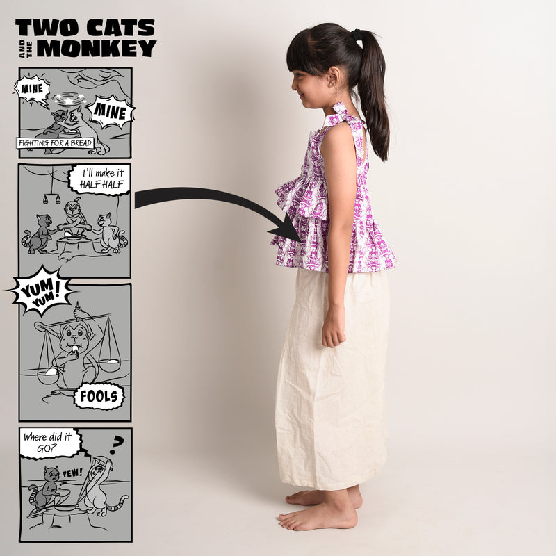 Story Print Tie-Up Crop Top with Linen Palazzo Set- Two Cats & Monkey