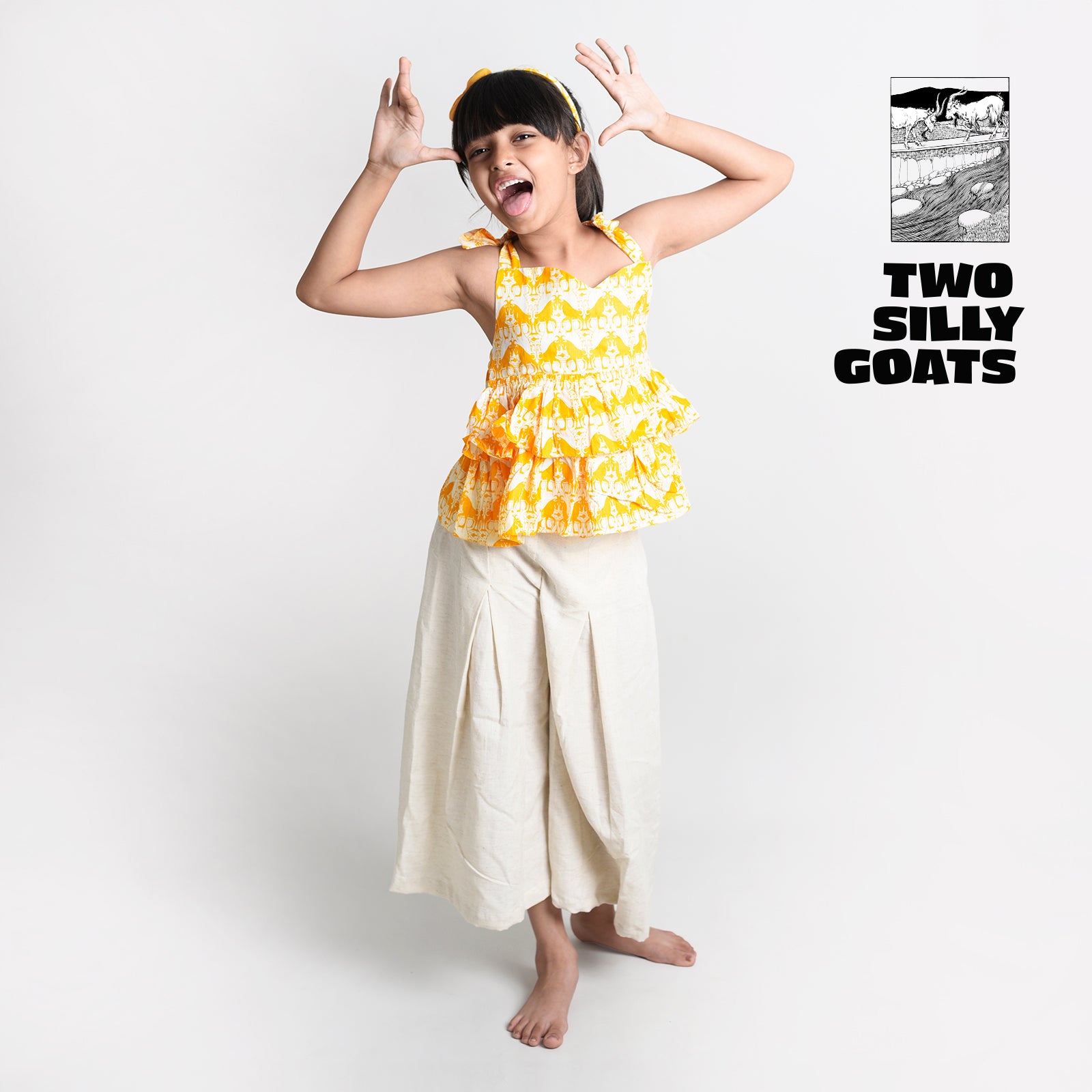 Story Print Tie-Up Crop Top with Linen Palazzo Set- Two Silly Goats