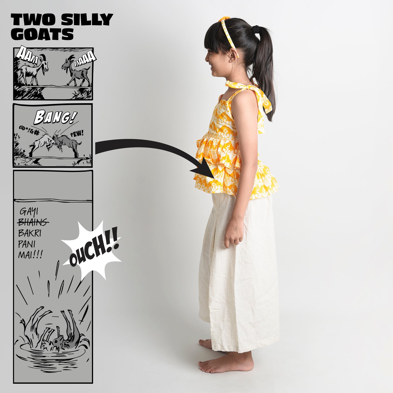 Story Print Tie-Up Crop Top with Linen Palazzo Set- Two Silly Goats