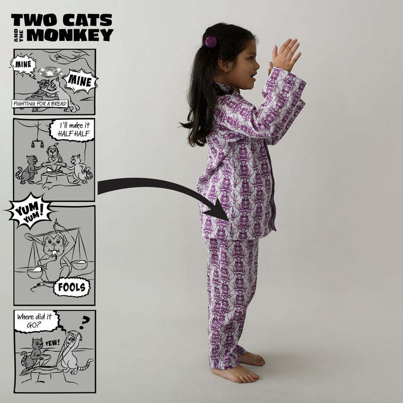 Unisex Single Set Cotton Kids Sleepwear with Two Cats & Monkey Story print (1 Top & 1 Bottom)