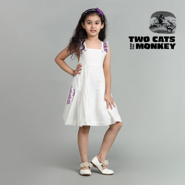 Cotton White Crisscross Back Frock For Girls with Two Foolish Cats & The Clever Monkey Print