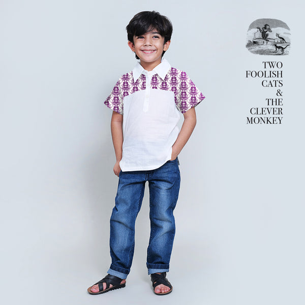 Cotton White Short Kurta for Boys with Printed Yoke having Two Foolish Cats & The Clever Monkey Story
