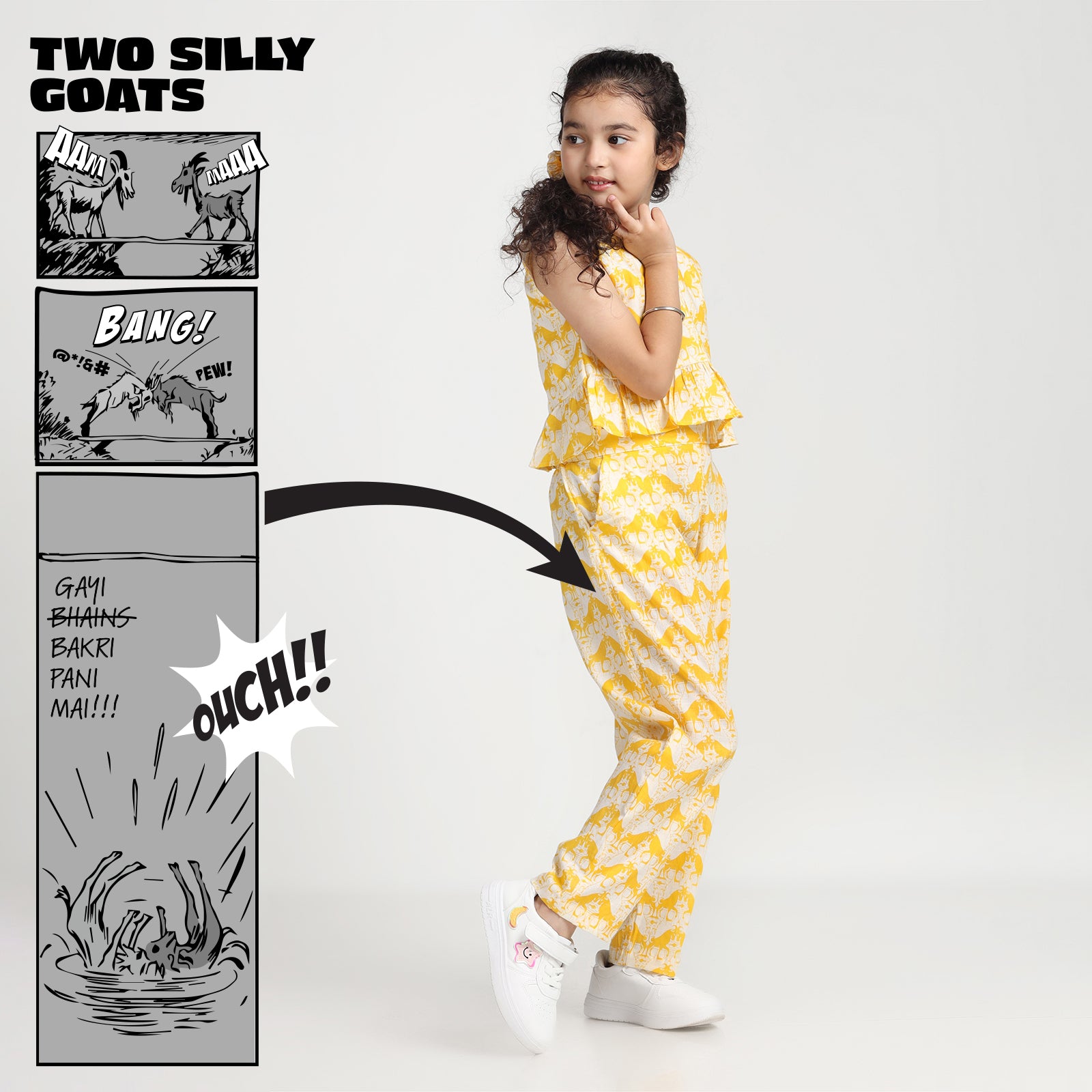 Cotton Crop Top & Pants For Girls with Two Silly Goats Print