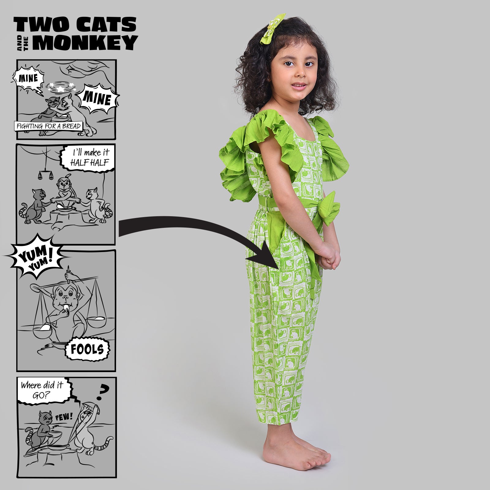 Cotton Jumpsuit For Girls with The Monkey & The Crocodile Print