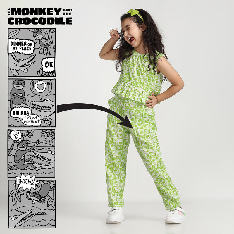 Cotton Crop Top & Pants For Girls with The Monkey & The Crocodile Print
