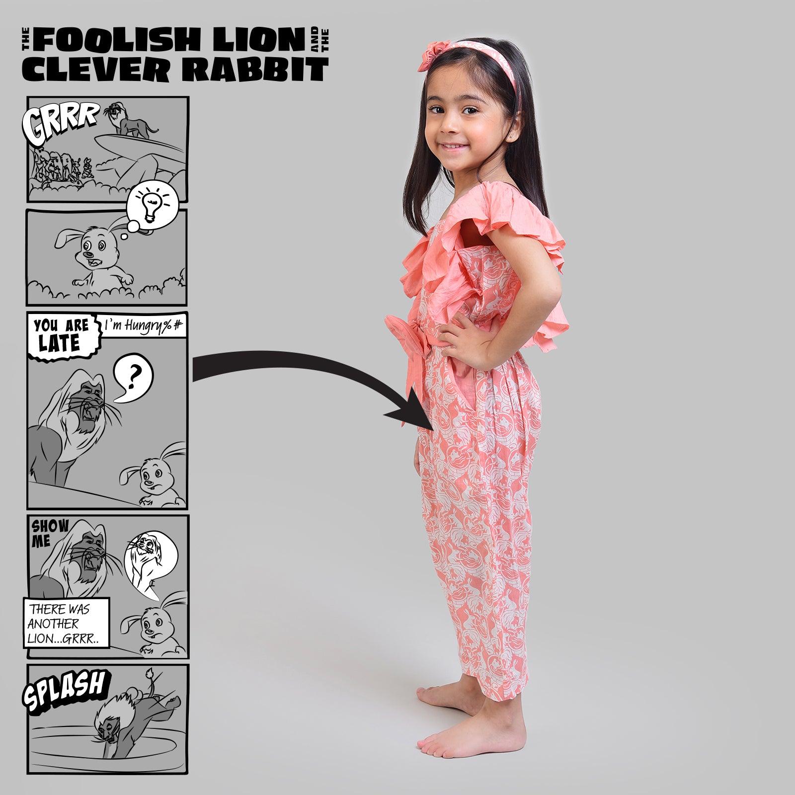 Cotton Jumpsuit For Girls with The Foolish Lion & The Clever Rabbit Print