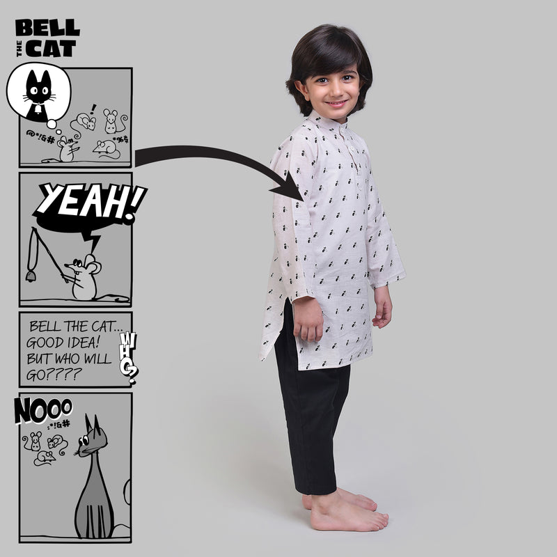 Collar Full Sleeved Cotton Kurta & Pajama Set For Boys With Bell The Cat Print